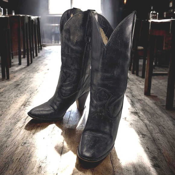 Zodiac Shoes - Vintage Zodiac Rusty Cowboy Western Boots Women 7.5 Black Leather Stacked Heel